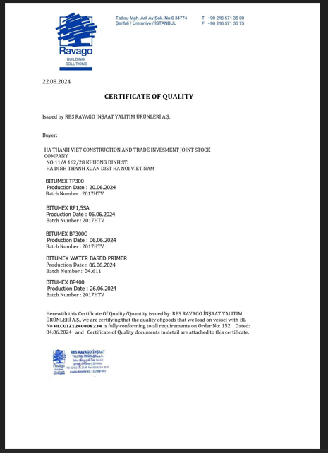 Chứng nhận chất lượng màng Bitumex BP 400F Màng chống thấm khò nhiệt Bitumex BP 400F