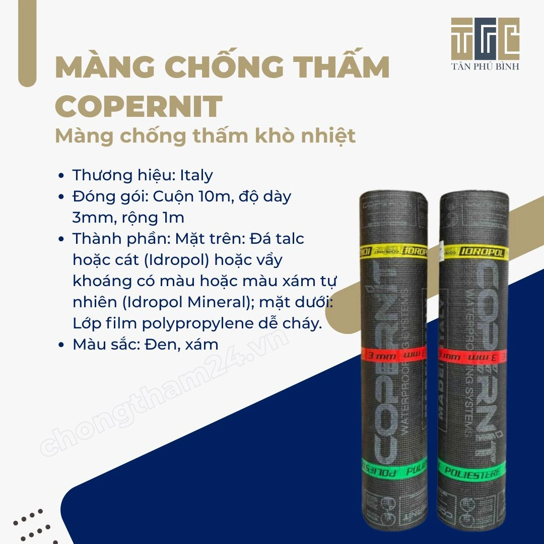 Màng chống thấm Copernit – Mặt đá, mặt cát, mặt PE dày 3mm