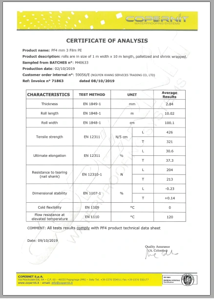 Chứng nhận chất lượng màng chống thấm Copernit Chứng nhận chất lượng màng chống thấm Copernit