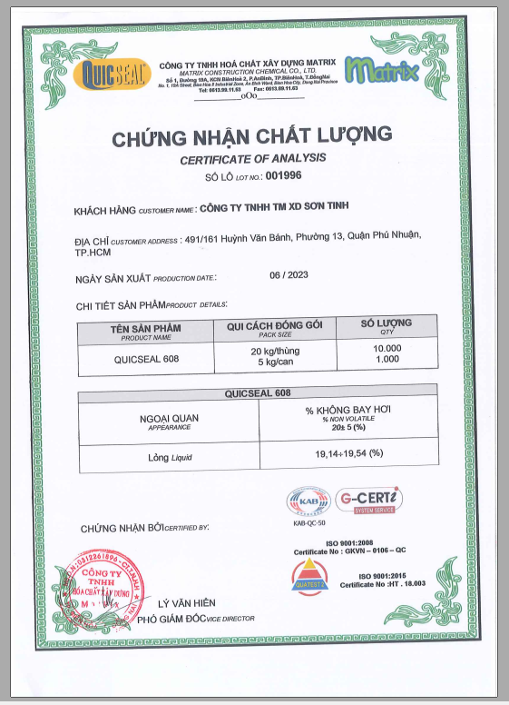Chứng nhận chất lượng phụ gia QUICSEAL 608