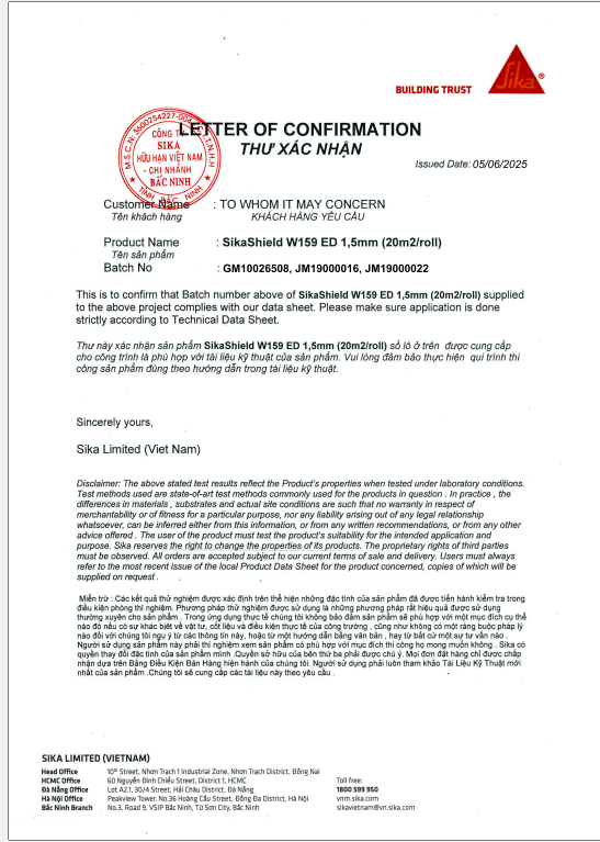 Chứng nhận chất lượng sản phẩm chống thấm SikaShield W159 ED 1,5 mm Chứng nhận chất lượng sản phẩm chống thấm SikaShield W159 ED 1,5 mm
