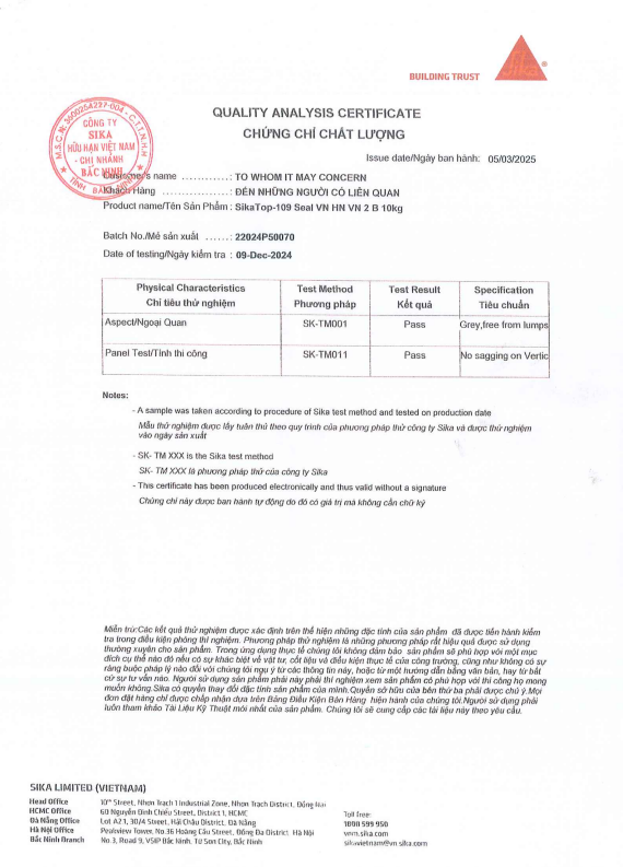 Chứng nhận sản phẩm SikaTop Seal 109 VN 2
