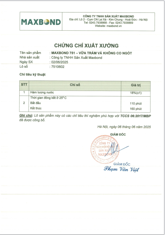 Chứng nhận chất lượng Maxbond 751 Chứng nhận chất lượng Maxbond 751