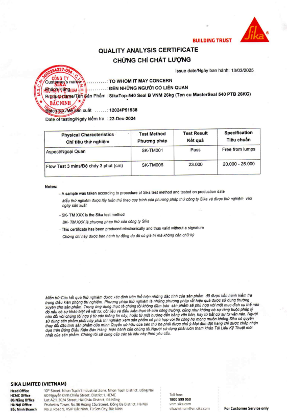 Chứng nhận sản phẩm chống thấm Masterseal 540 (Sikatop 540 seal)