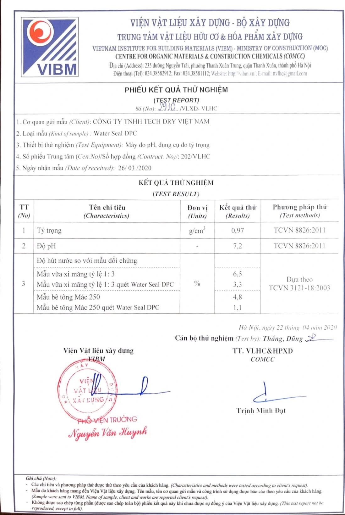 Chứng nhận sản phẩm chống thấm Water seal DPC
