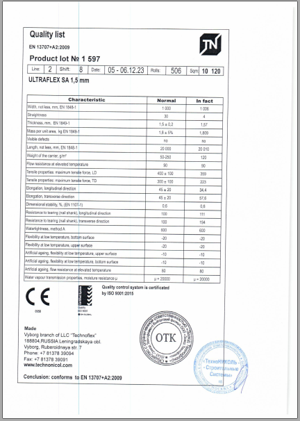 Chứng nhận chất lượng màng Ultraflex SA 1.5mm Màng bitum tự dính Ultraflex SA 1.5mm