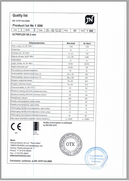 Chứng nhận chất lượng màng chống thấm tự dính Ultraflex SA 2mm
