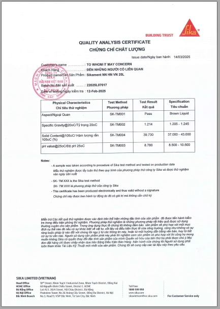 chứng nhận chất lượng phụ gia bê tông Sikament NN