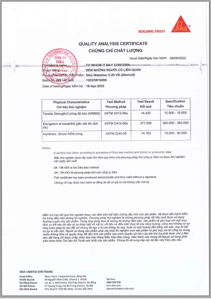 Chứng nhận chất lượng Sika Waterbar V-20 ECO VN