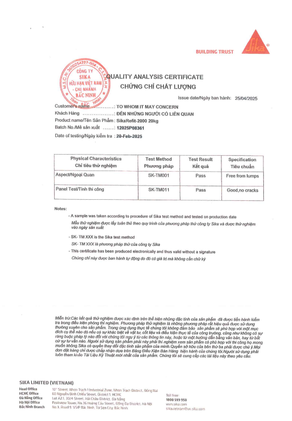 chứng nhận chất lượng sản phẩm vữa Sika Refit 2000 chứng nhận chất lượng sản phẩm vữa Sika Refit 2000