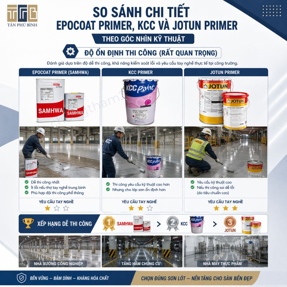 So sánh chi tiết Epocoat Primer, KCC và Jotun theo góc nhìn kỹ thuật cho chống thấm sàn bê tông
