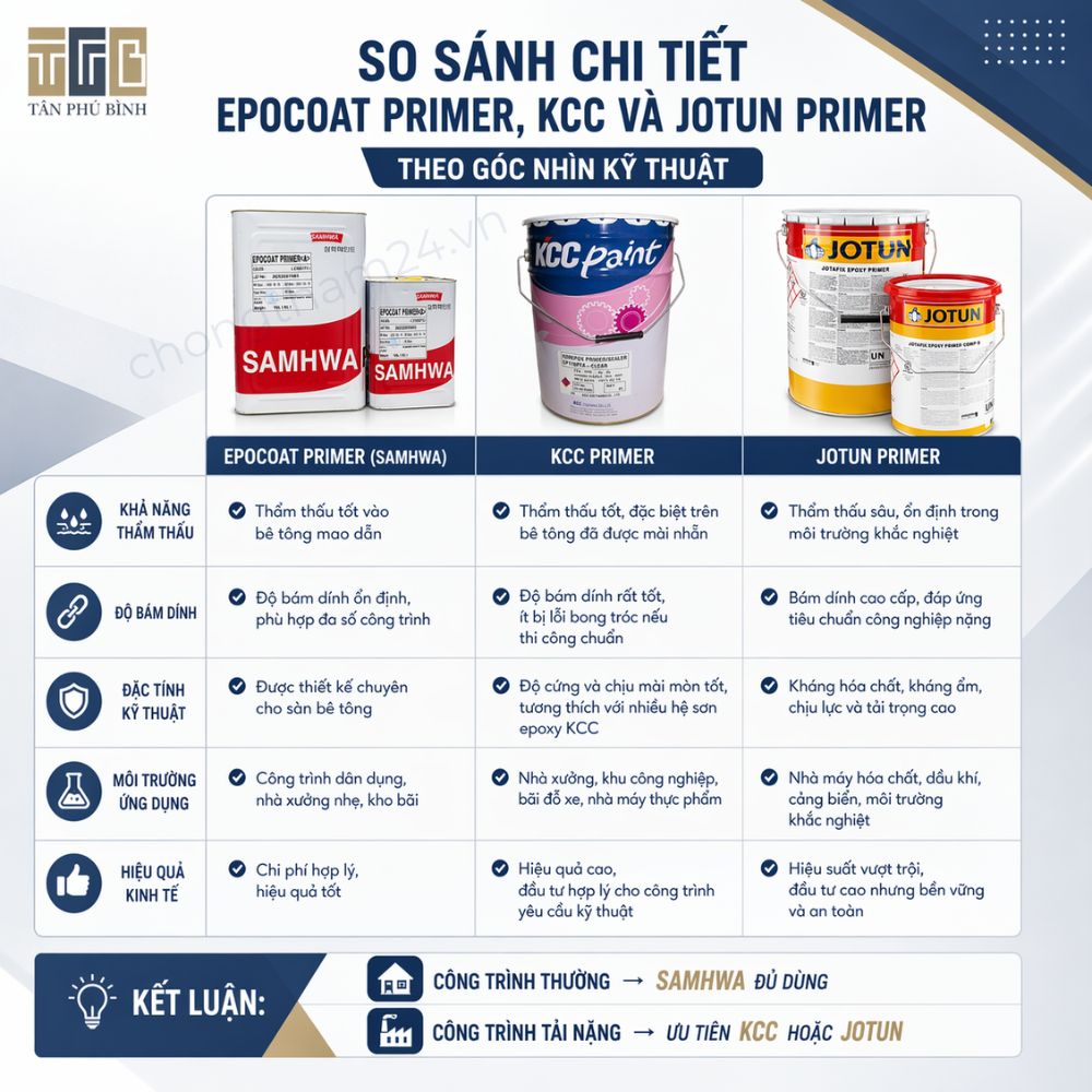 So sánh chi tiết Epocoat Primer, KCC và Jotun cho chống thấm sàn bê tông